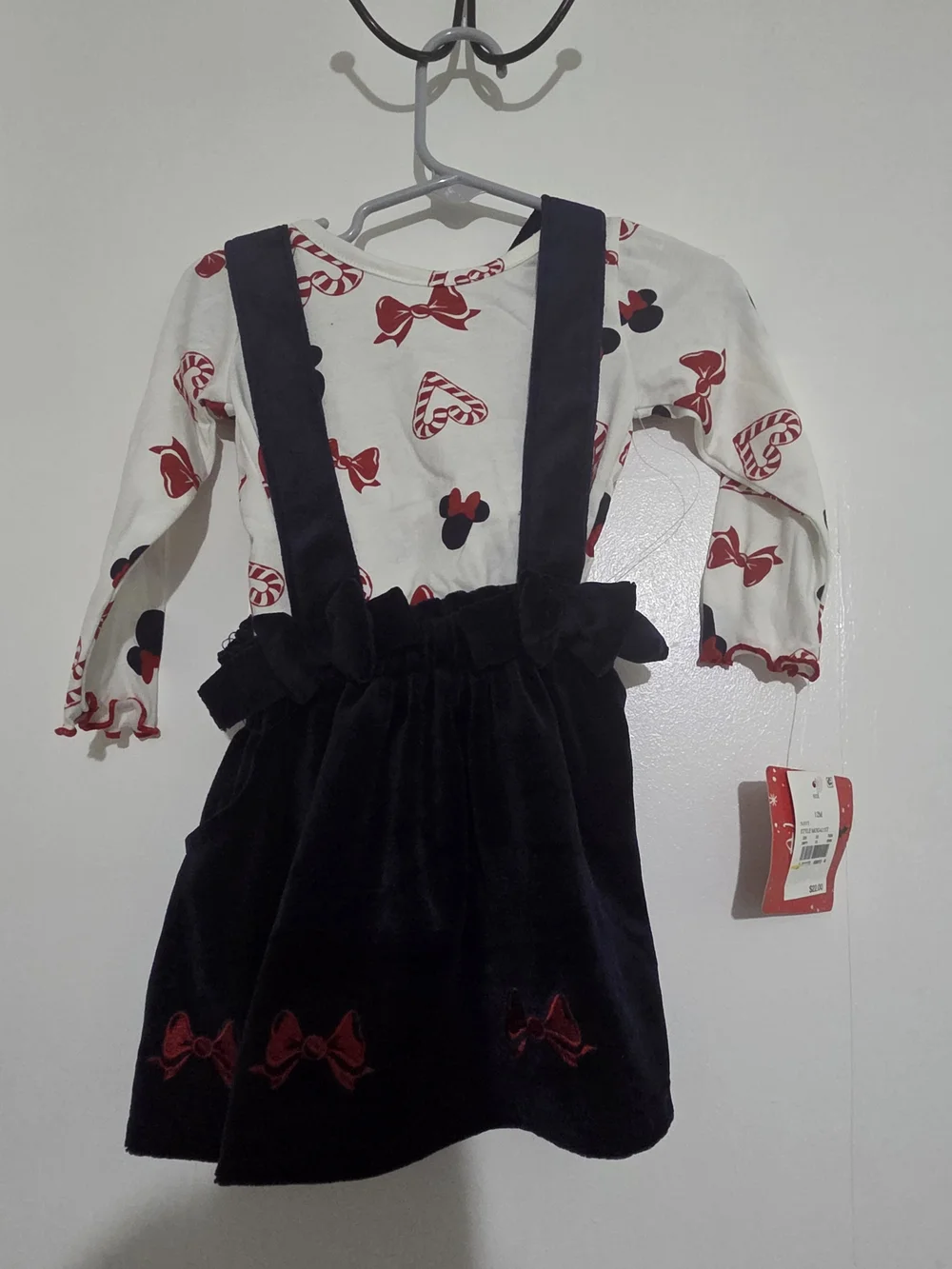 Disney Minnie Mouse  Navy Velvet Suspender Skirt with White Red-Bow Print Top